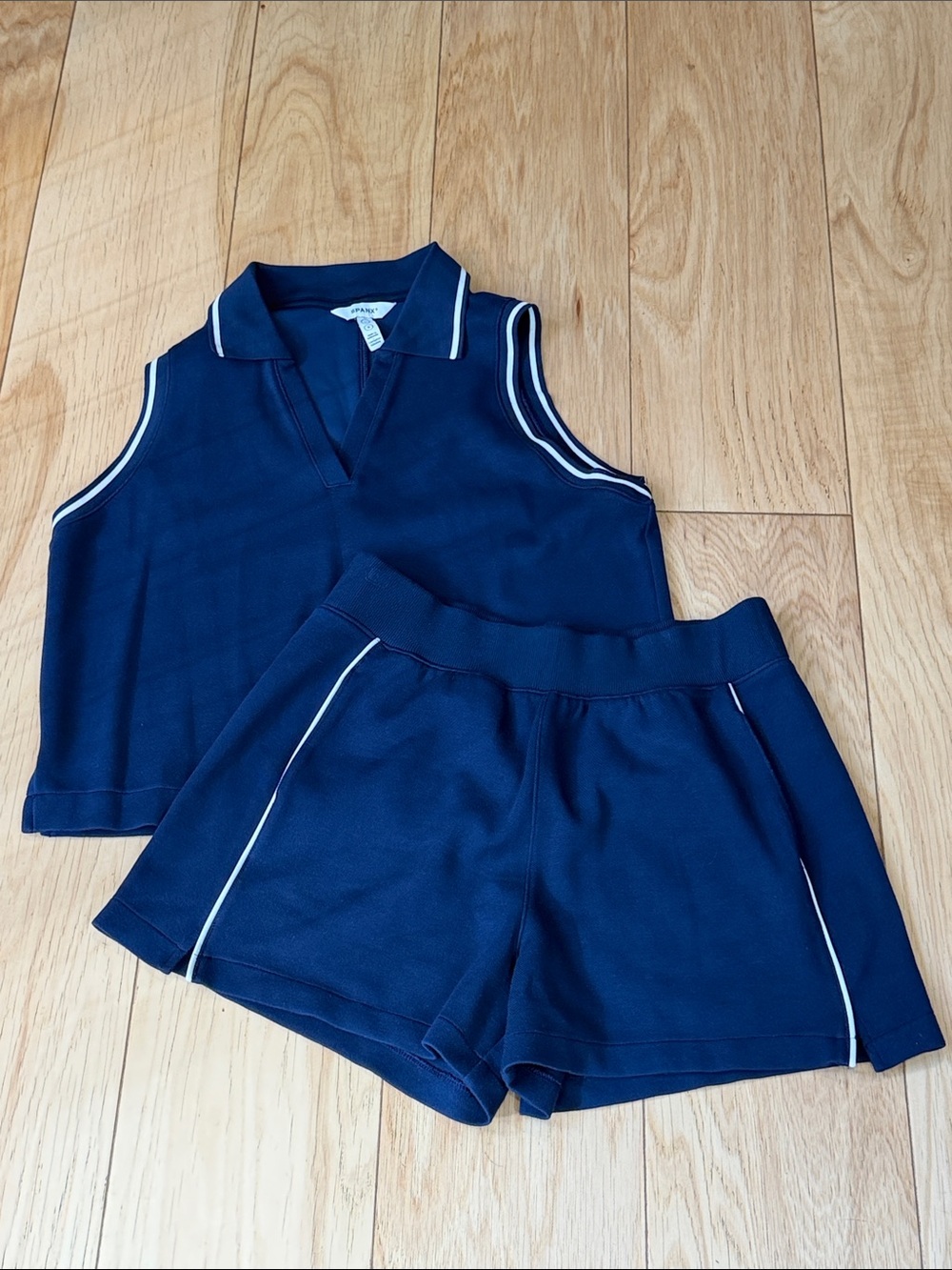 SPANX Navy Sleeveless Polo Tank and Athletic Shorts with White Piping